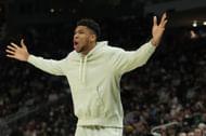 Giannis Antetokounmpo of the Milwaukee Bucks on the bench